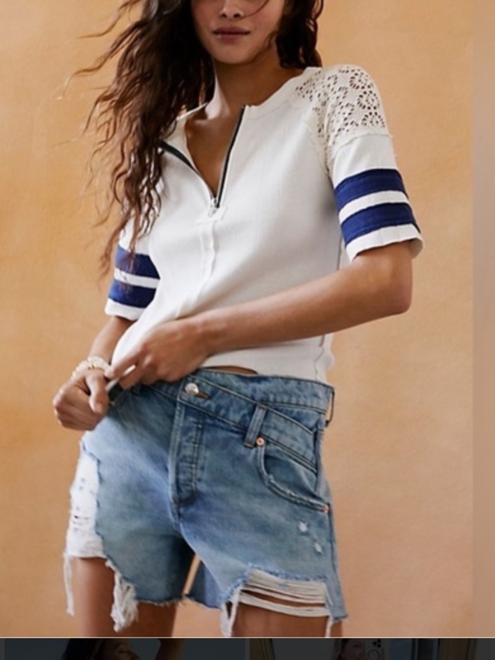 White Knit Zip-Front Top with Navy Stripe Sleeves We The Free